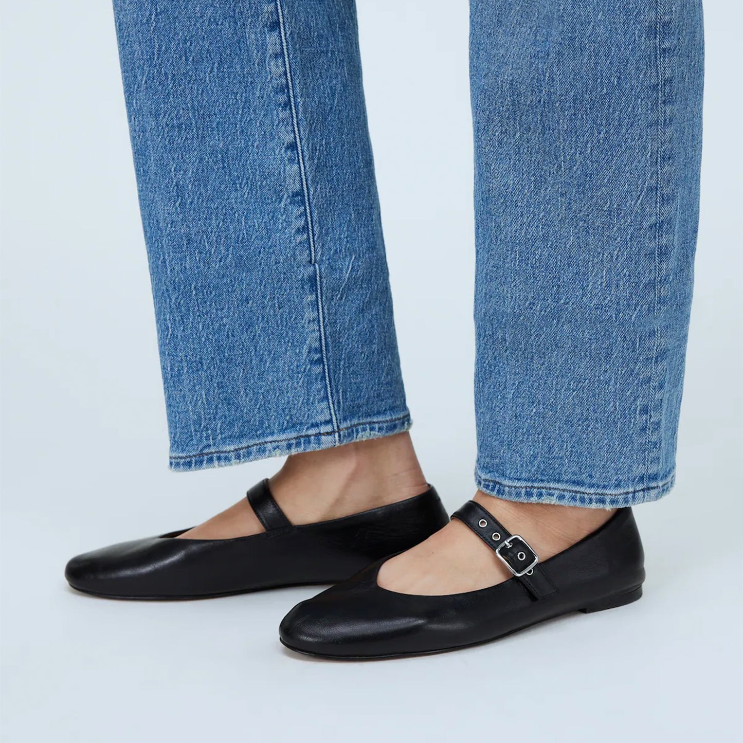 Black Vegan Leather Round-Toe Buckle Bridge Strap Slip-On Flats