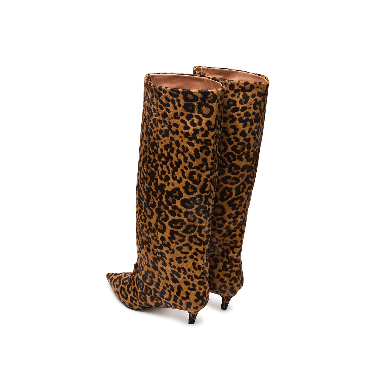 Leopard Pony Hair Pointed-Toe Sleek Wide Calf Knee High Stiletto Boots