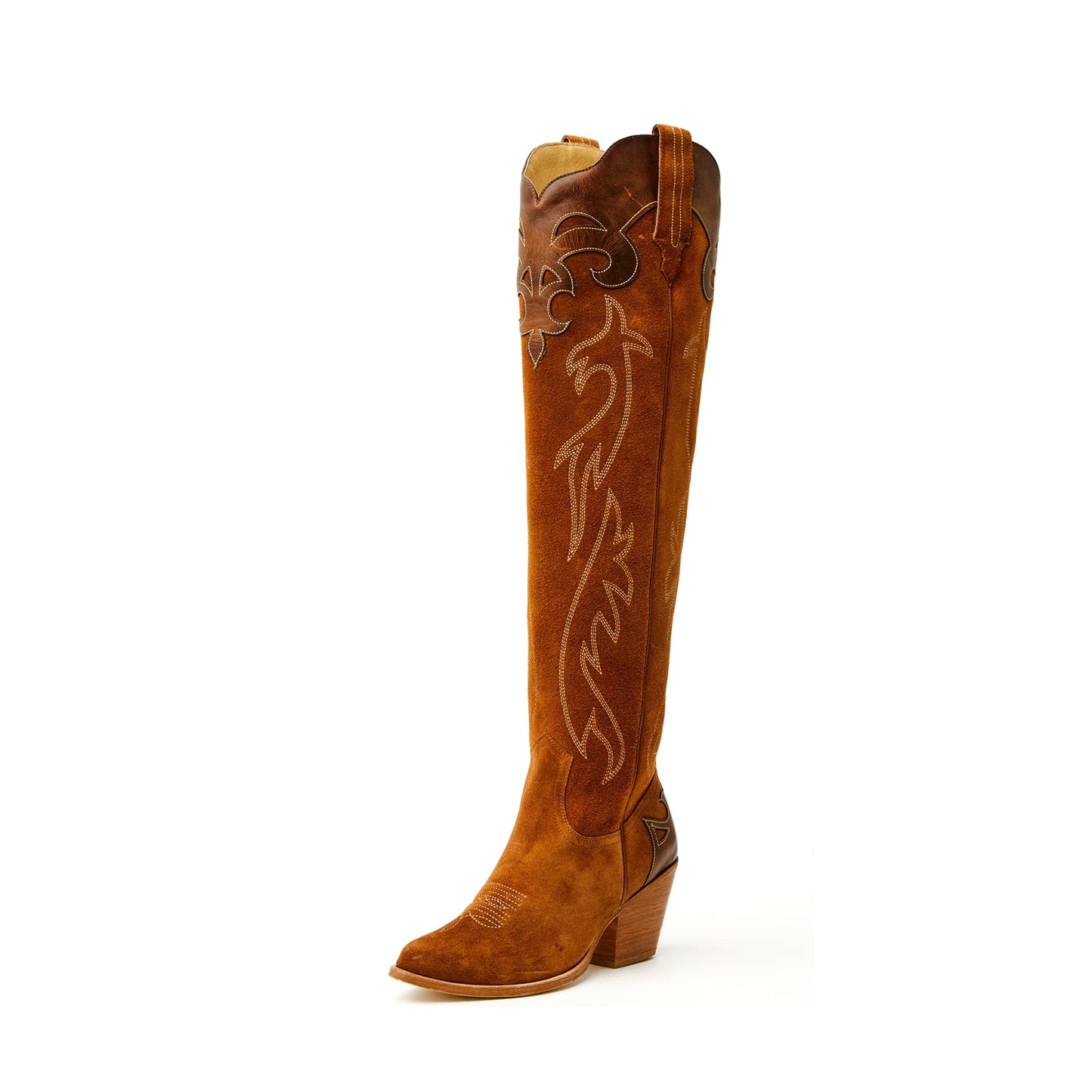 Brown Faux Suede Round-Toe Half-Zip Embroidery Tall Knee High Cowgirl Boots