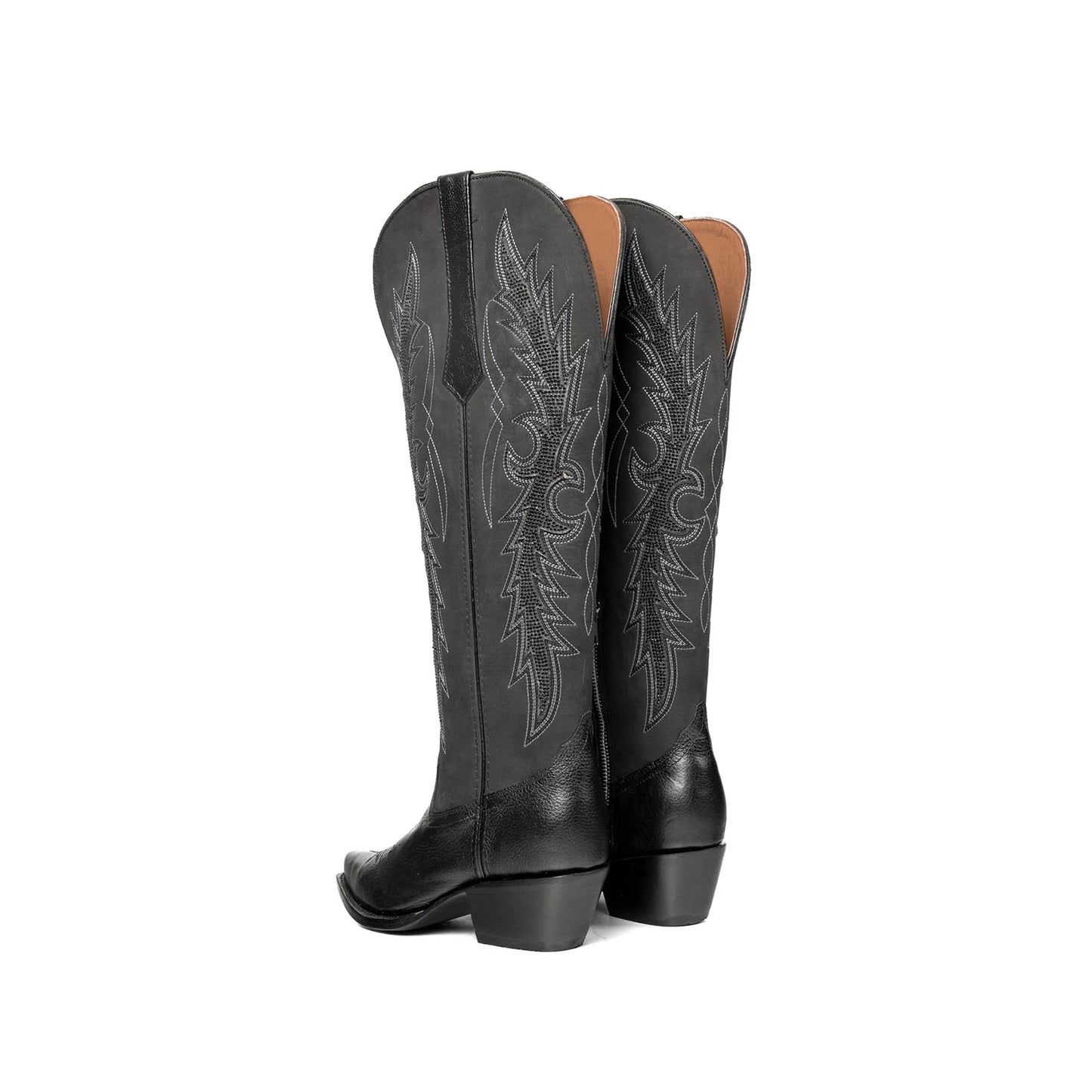 Black Snip-Toe Black Rhinestone Embroidery Half-Zip Knee High Cowgirl Boots