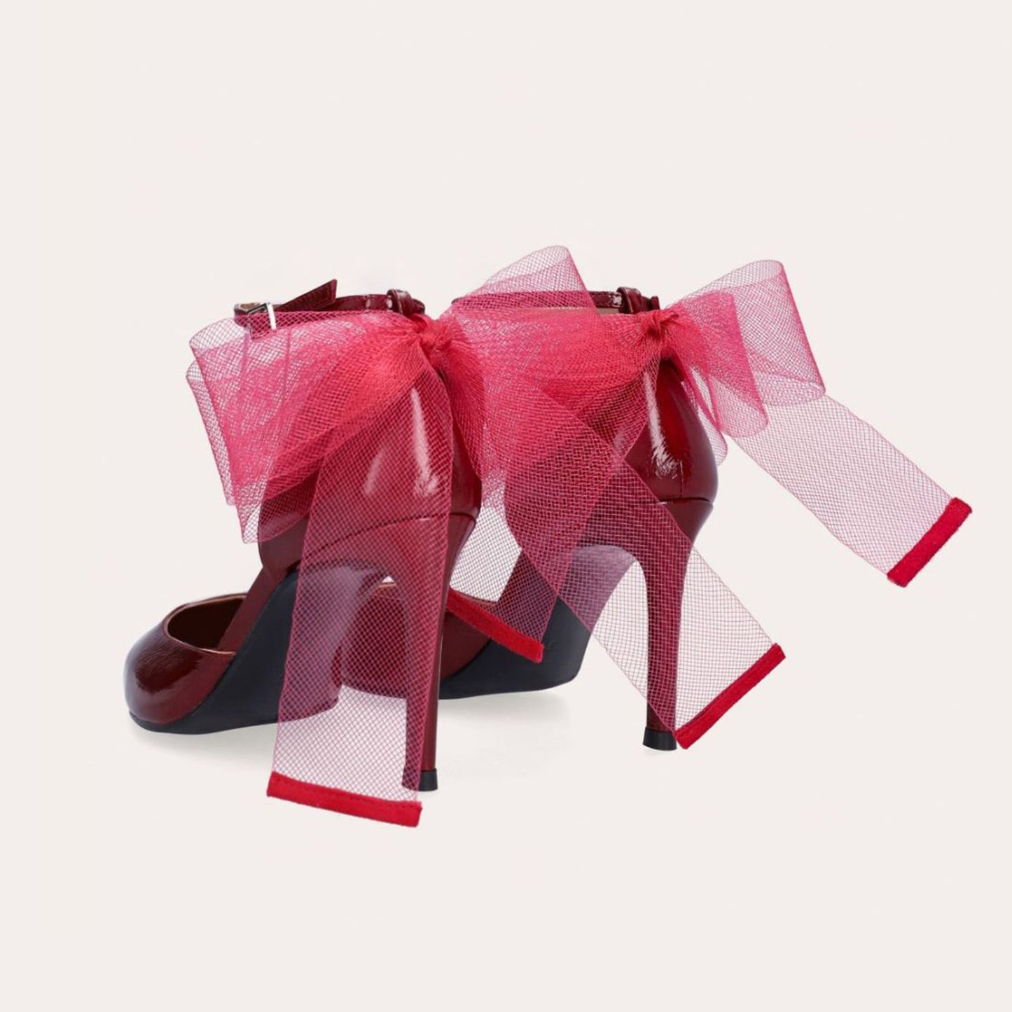 Red Pointed-Toe Chic Back Big Mesh Bow And Ankle Strap High Heels