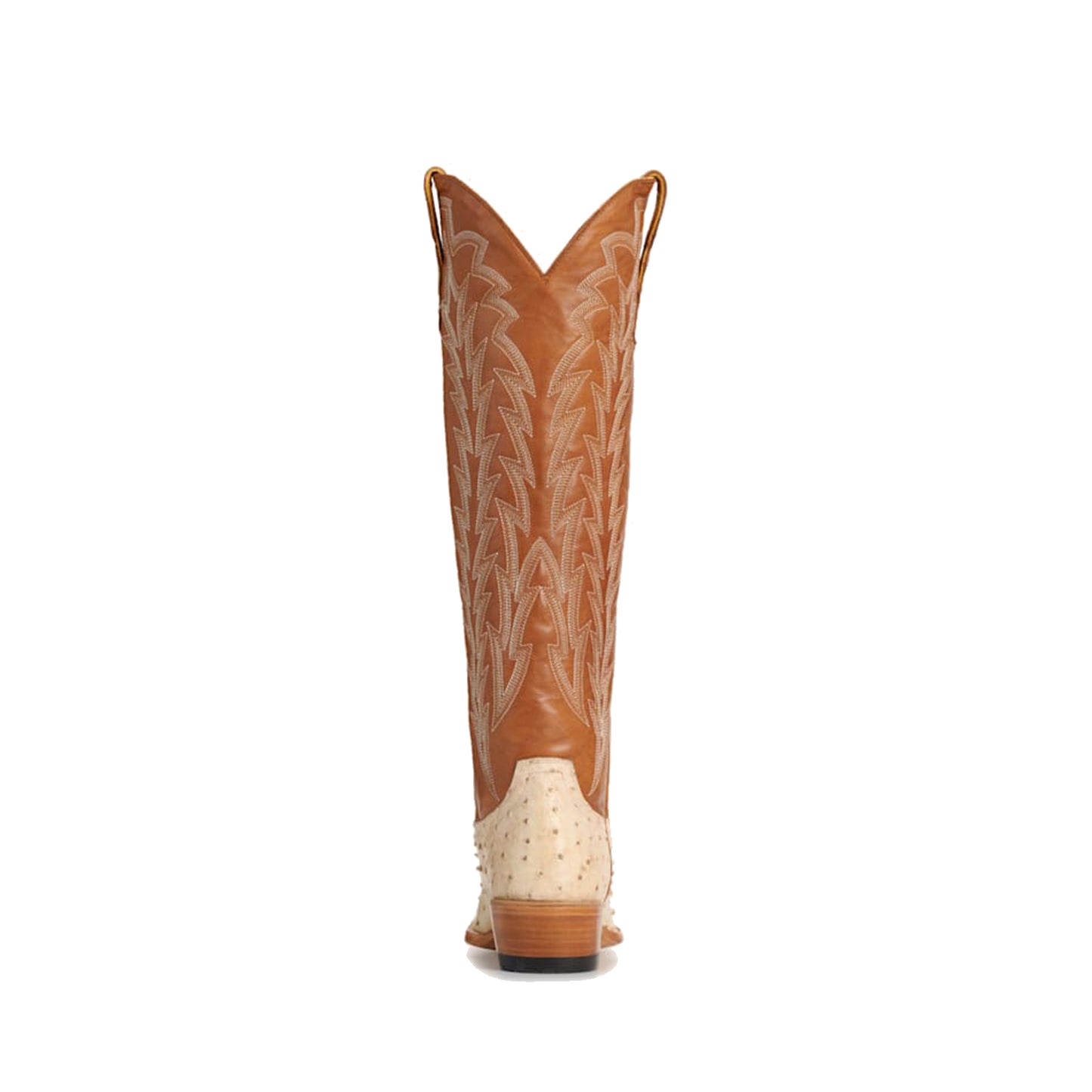 Contrast Brown And Bone Ostrich Print Snip-Toe Embroidery Classic Wide Calf Knee High Cowgirl Boots