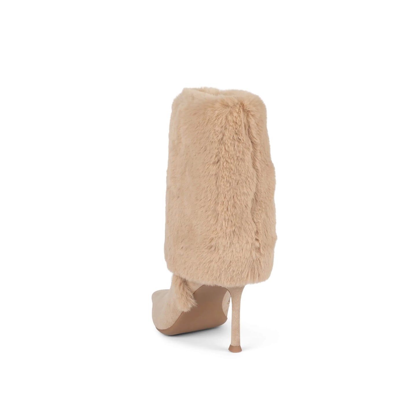 Beige Faux Suede Pointed-Toe Plush Fold-Over Knee High Stiletto Boots
