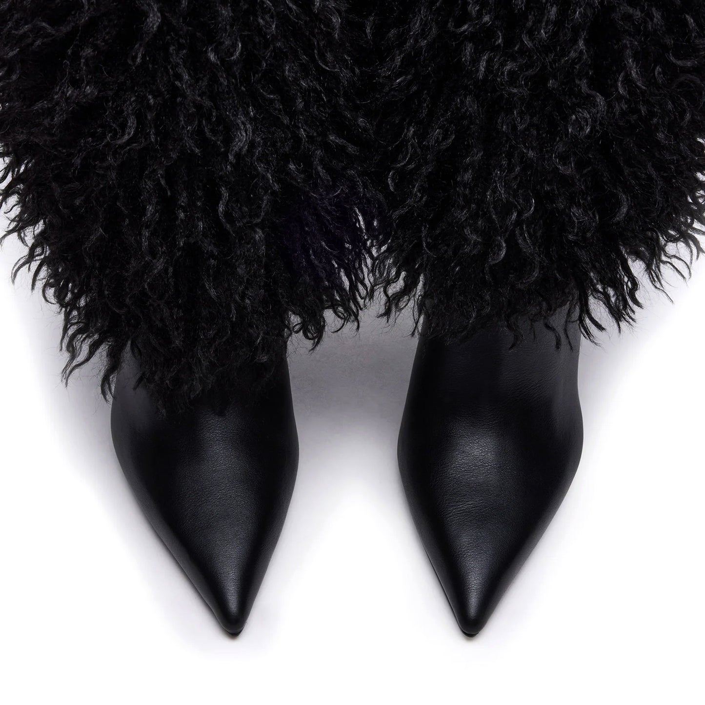 Black Pointed-Toe Full Plush Wide Calf Knee High Stiletto Boots