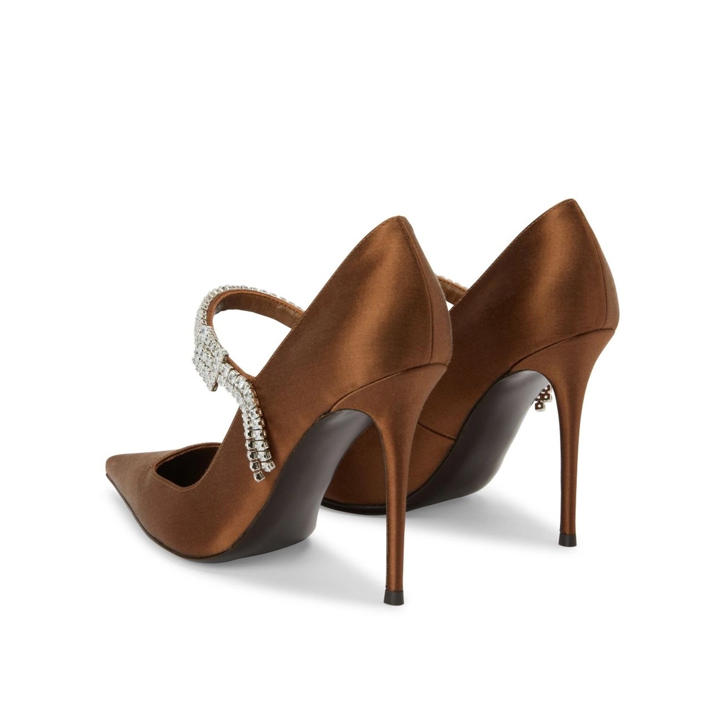Brown Satin Pointed-Toe Bridge Strap With Crystals High Heels