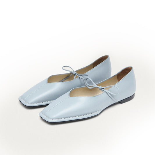 Blue Square-Toe V-Cut Vamps Bridge Self-Tie Bow Ballet Flats