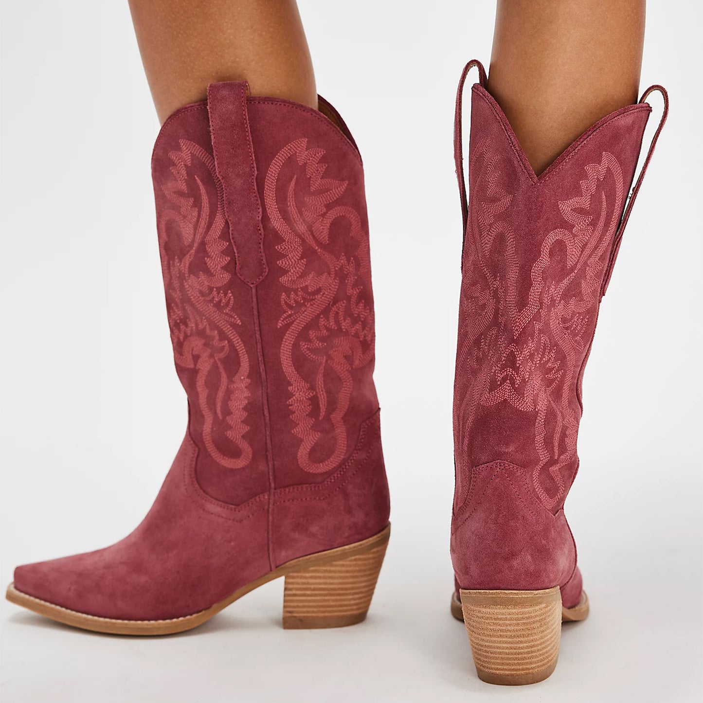 Pink Faux Suede Snip-Toe Classic Embroidery Mid Calf Cowgirl Boots