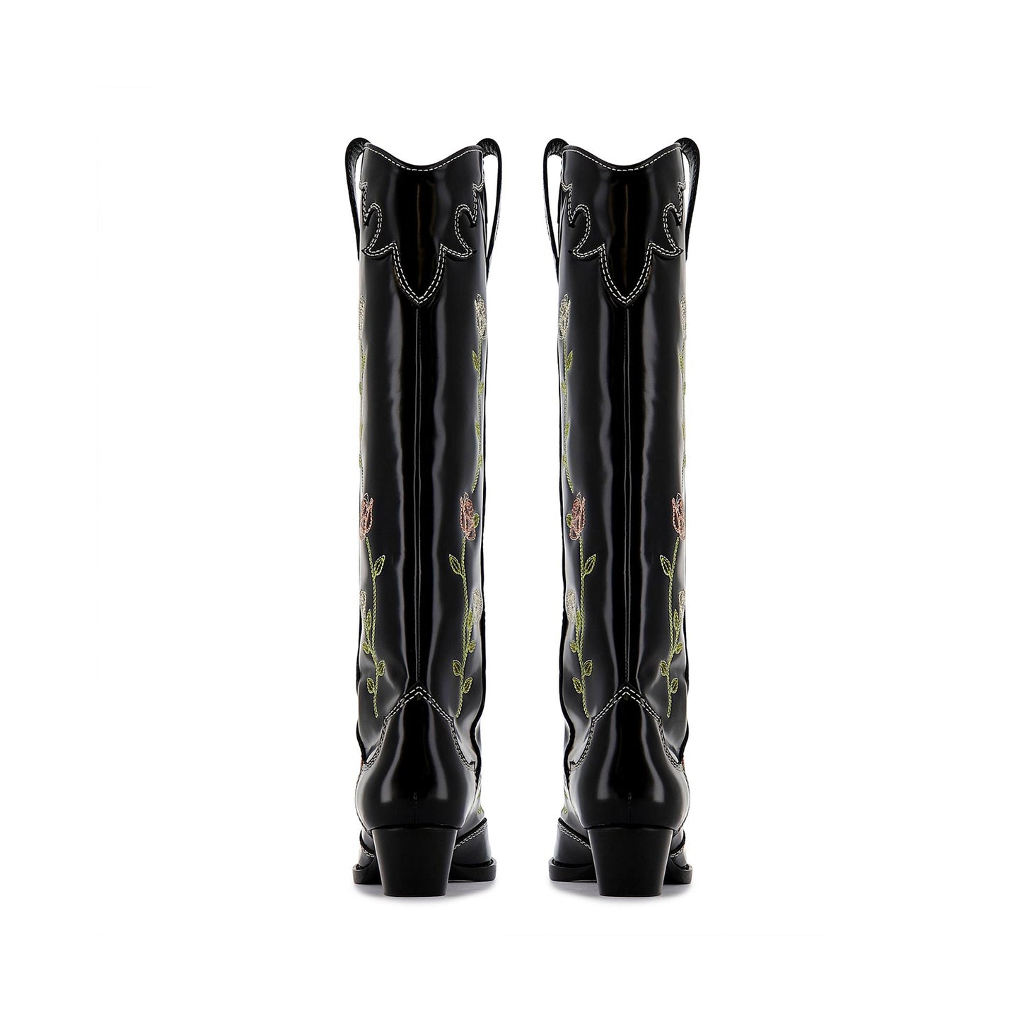Black Snip-Toe Rose Heart Butterfly Embroidery Wide Calf Knee High Cowgirl Boots