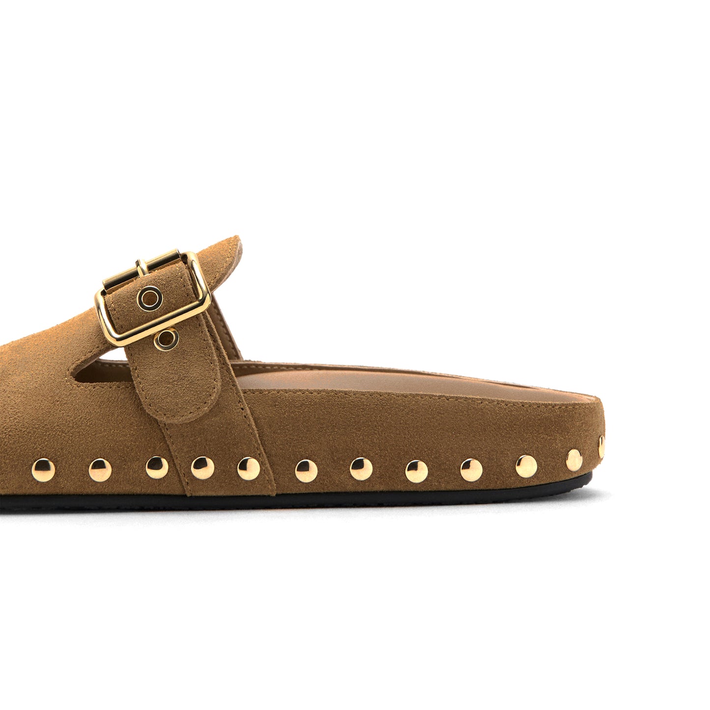 Sand Faux Suede Round-Toe Buckle Strap And Studs Flats