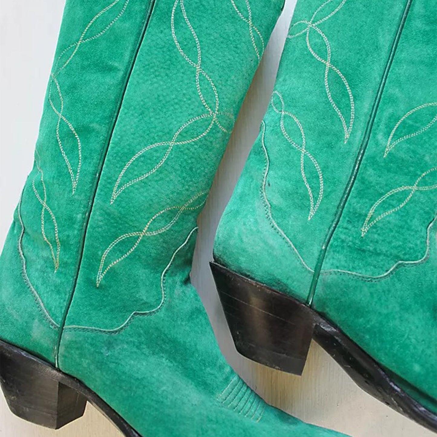 Green Faux Suede Almond-Toe Embroidery Mid Calf Cowgirl Boots