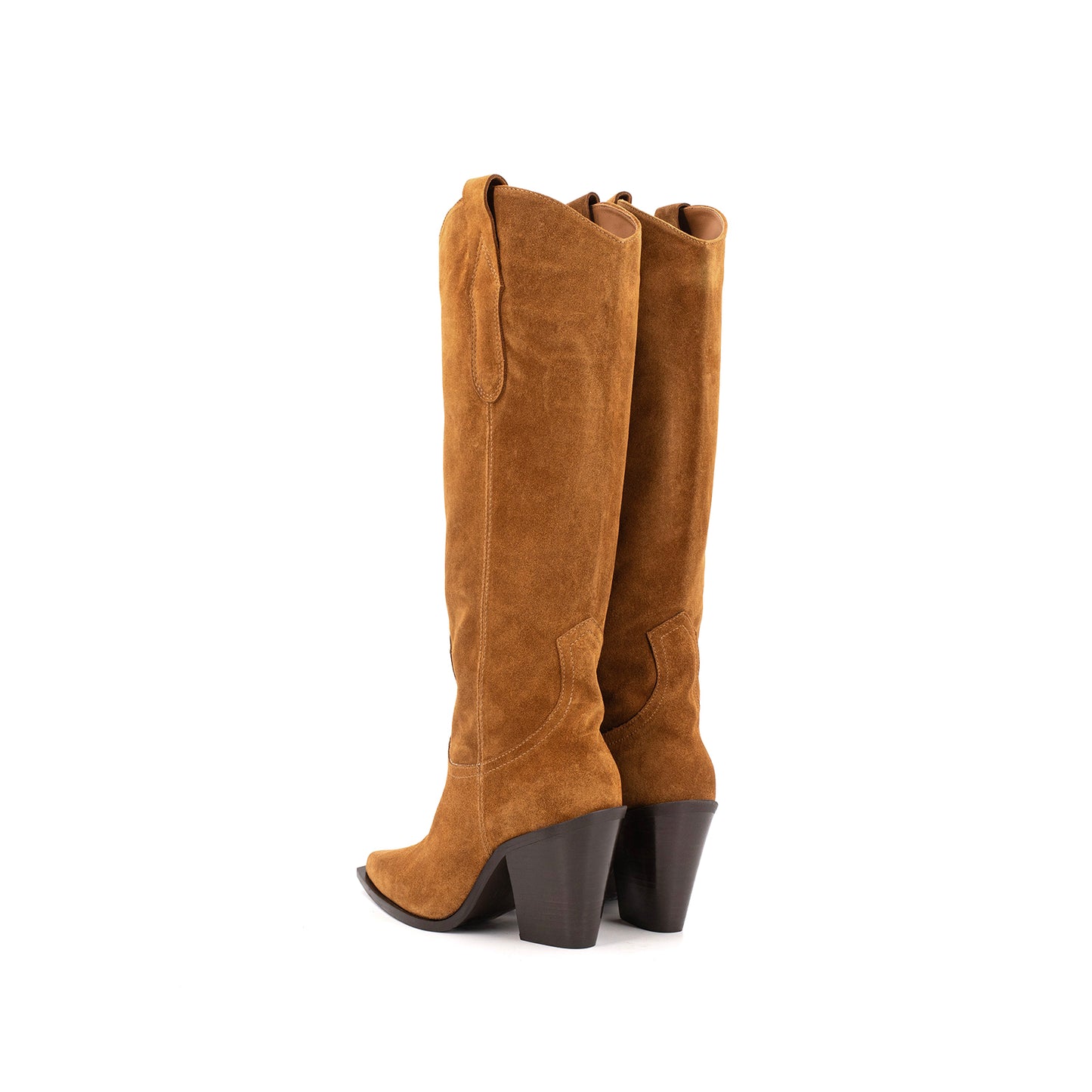 Cognac Faux Suede Pointed-Toe Simple Wide Calf Knee High Cowgirl Boots