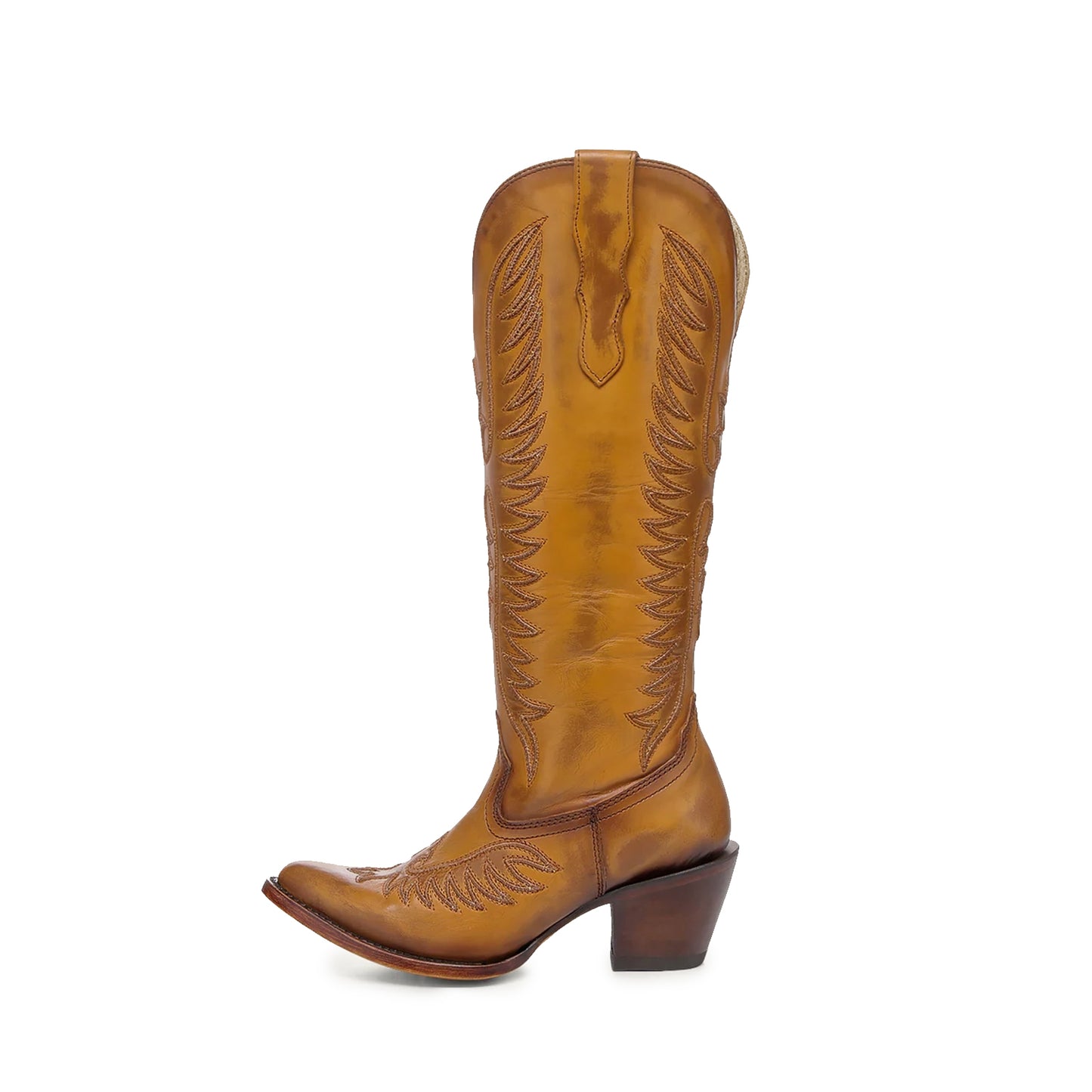 Tan Almond-Toe Embroidery Wide Calf Knee High Cowgirl Boots