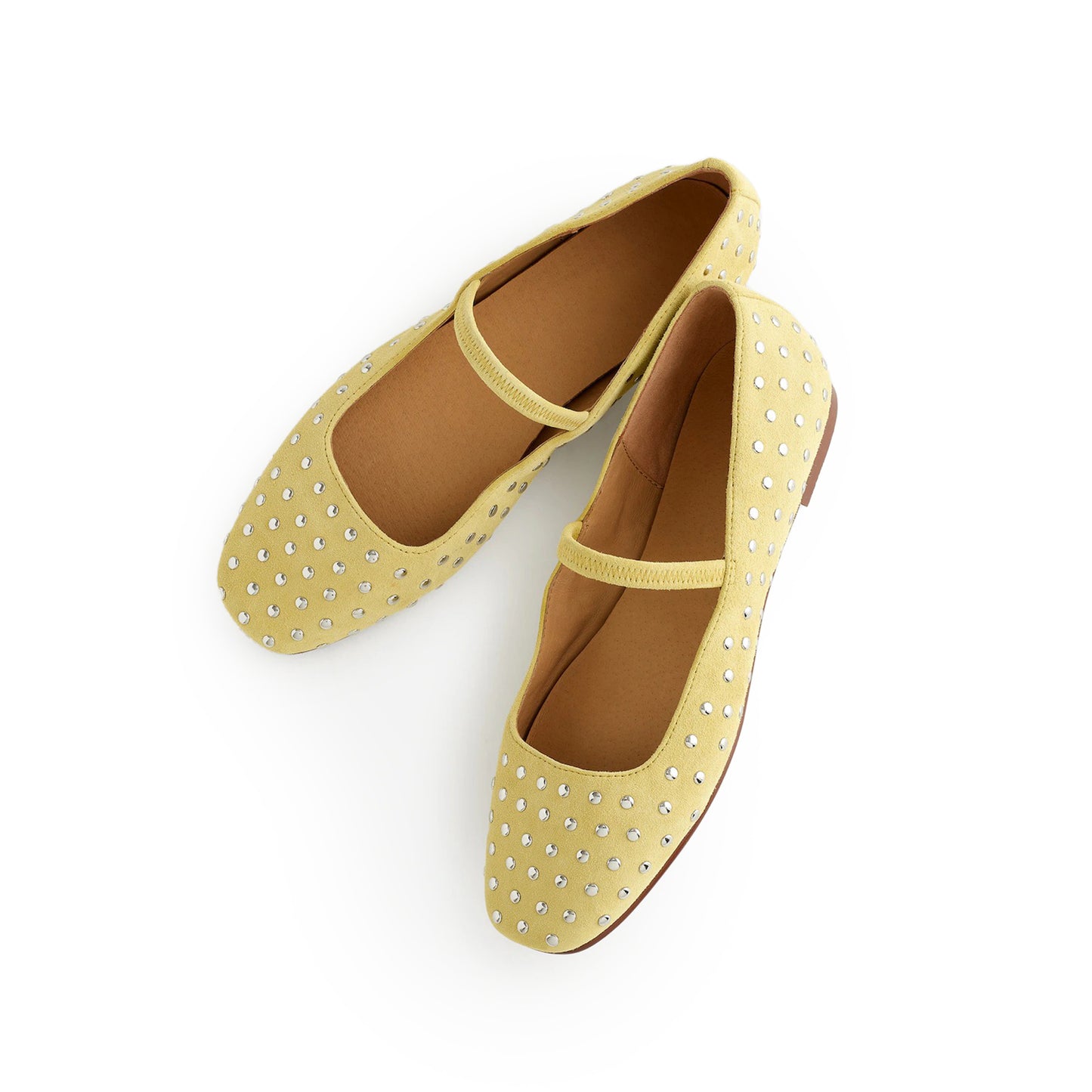 Yellow Faux Suede Square-Toe Bridge Strap Studded Slip-On Flats