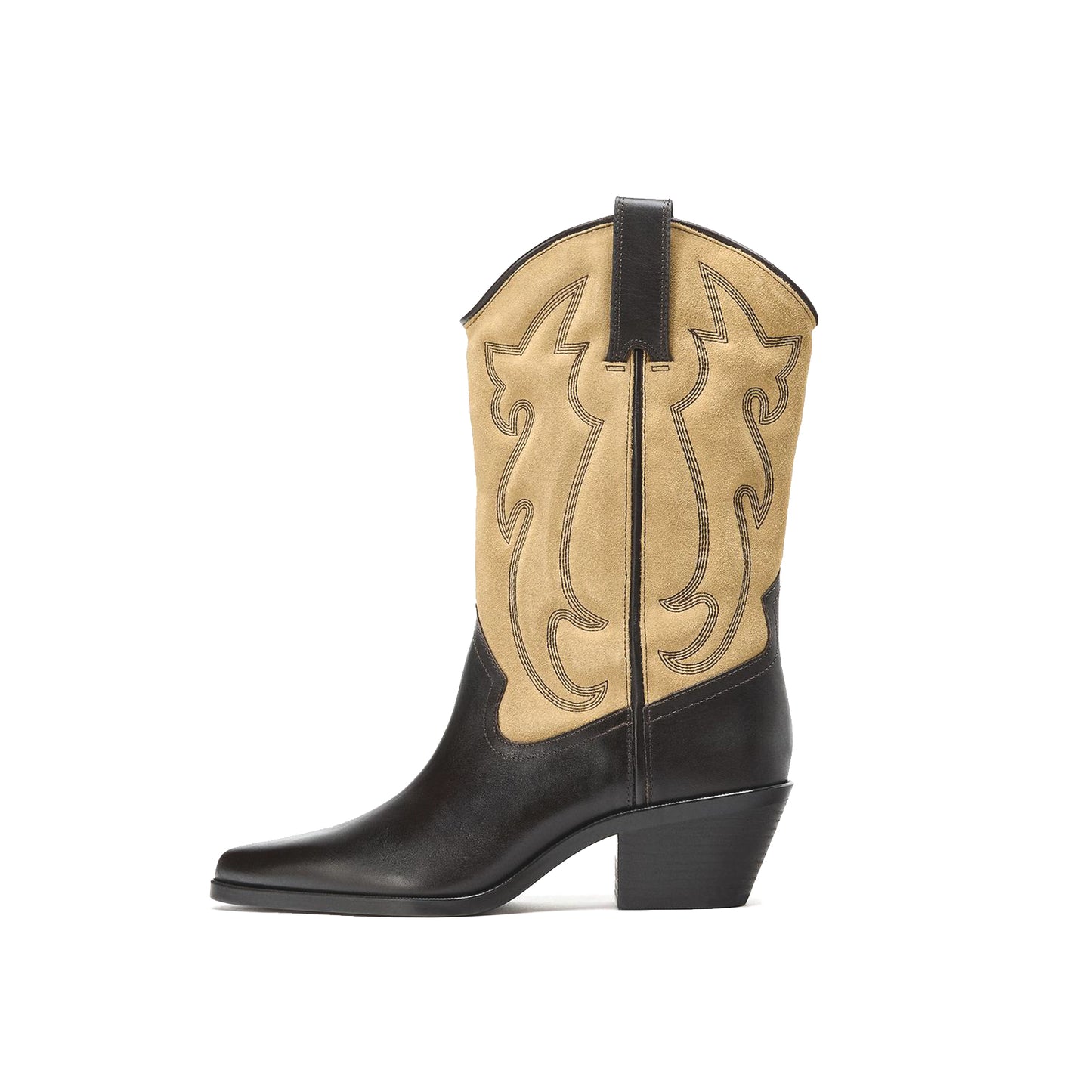 Contrast Tan And Black Pointed-Toe Embroidery Mid Calf Cowgirl Boots