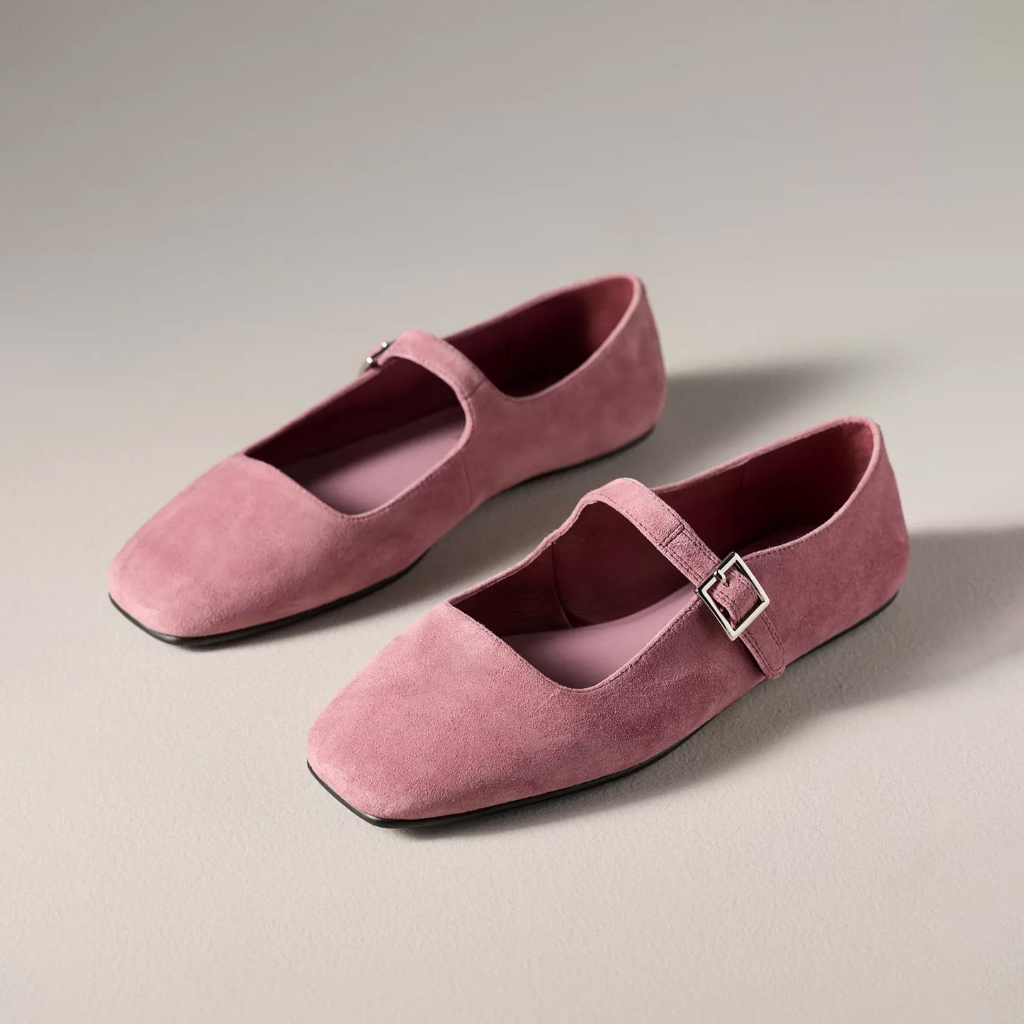 Rose Pink Faux Suede Square-Toe Bridge Strap Mary Janes Flats