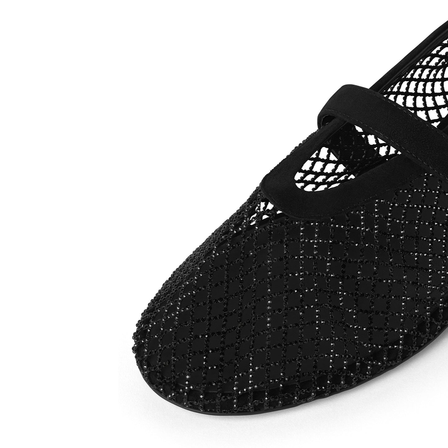 Black Mesh With Rhinestones Round-Toe Mary Jane Ballet Flats