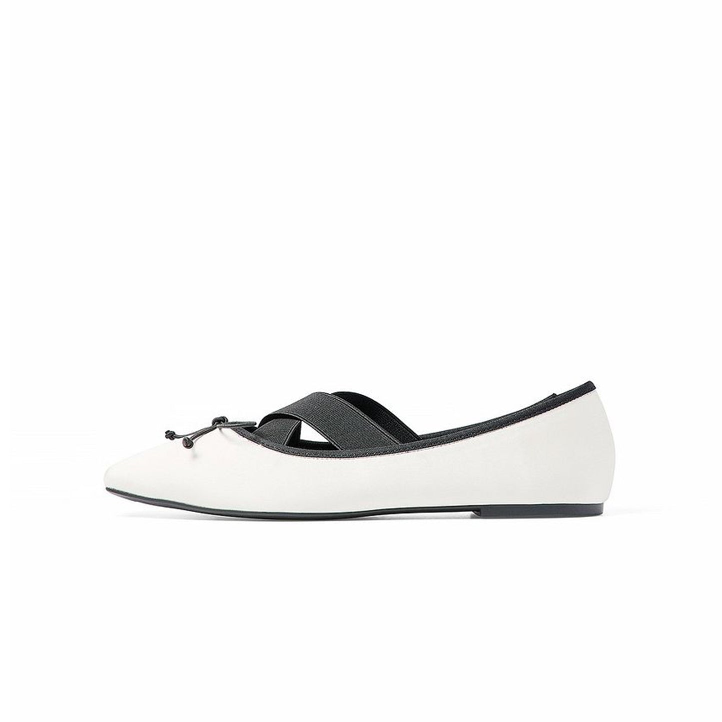 Offwhite Square-Toe Front Bow Crossed Elastic Strap Ballet Flats