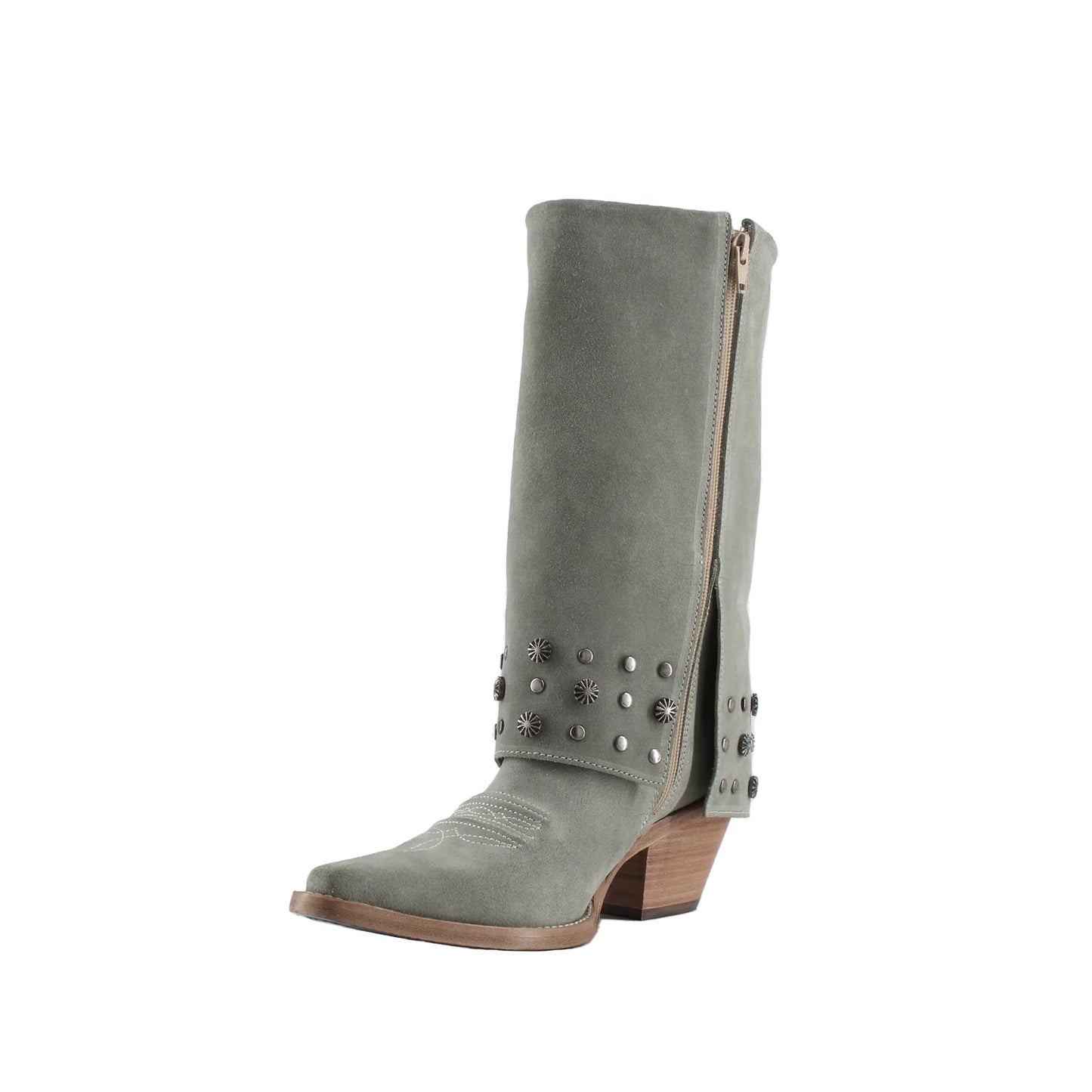 Gray Faux Suede Snip-Toe Studded Fold-Over Full-Zip Mid Calf Cowgirl Boots
