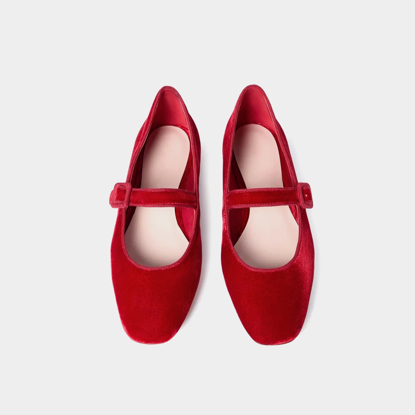 Red Velvet Square-Toe Bridge Strap Ballet Flats