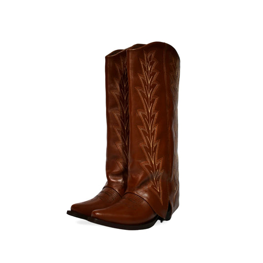 Brandy Snip-Toe Embroidery Fold-Over Wide Calf Knee High Cowgirl Boots