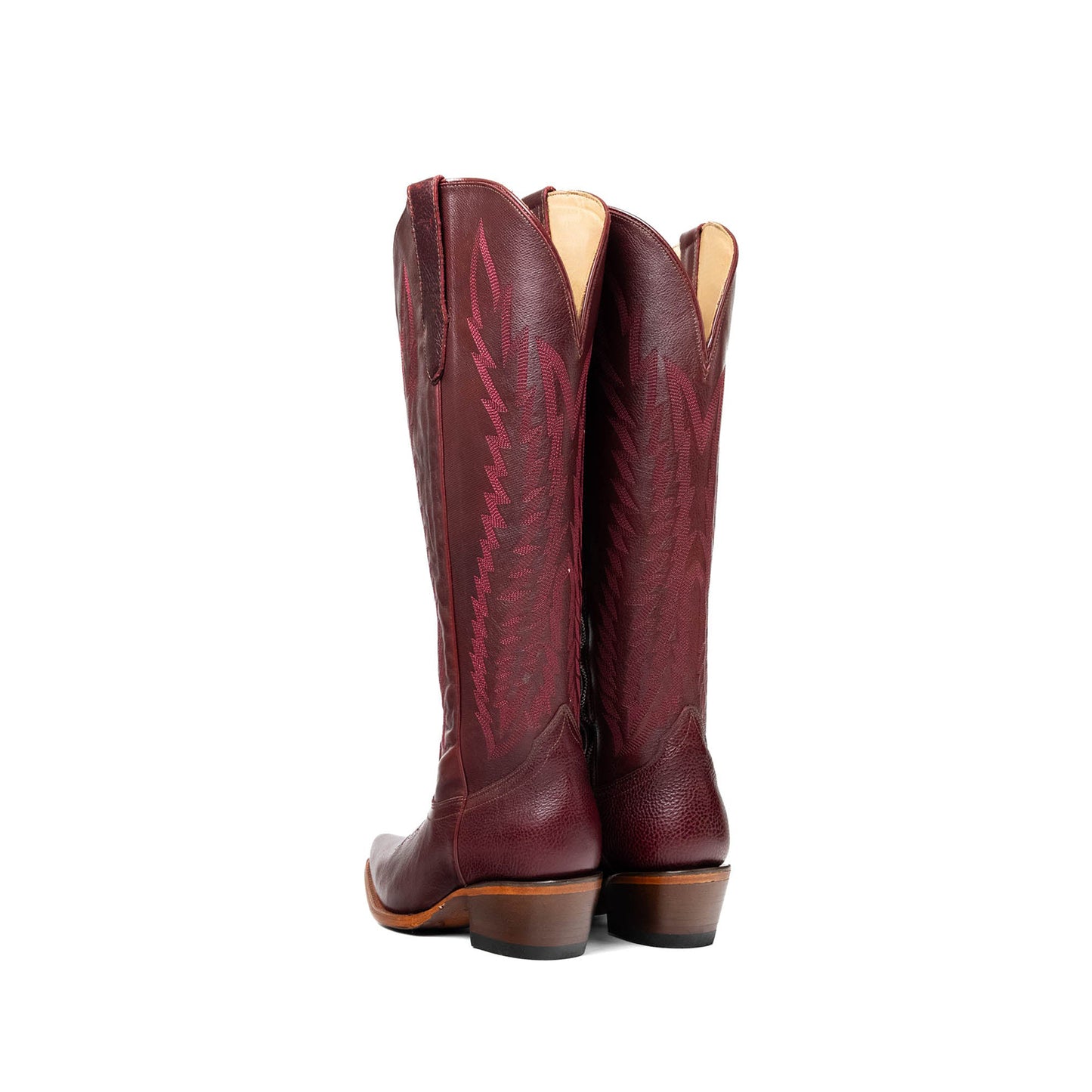 Wine Red Snip-Toe Classic Embroidery Half-Zip Knee High Cowgirl Boots
