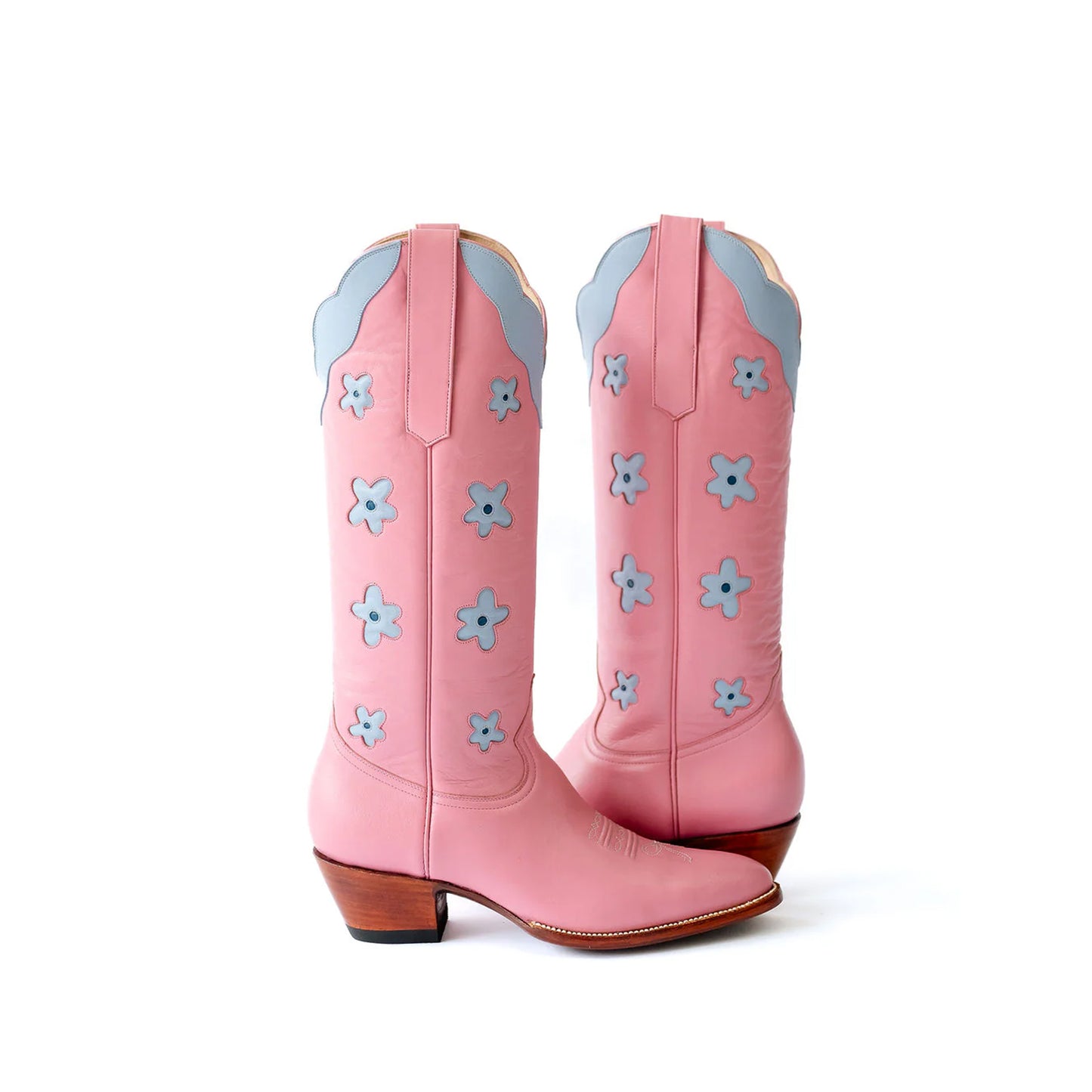 Pink Almond-Toe Powder Blue Flowers Inlay Wide Calf Knee High Cowgirl Boots