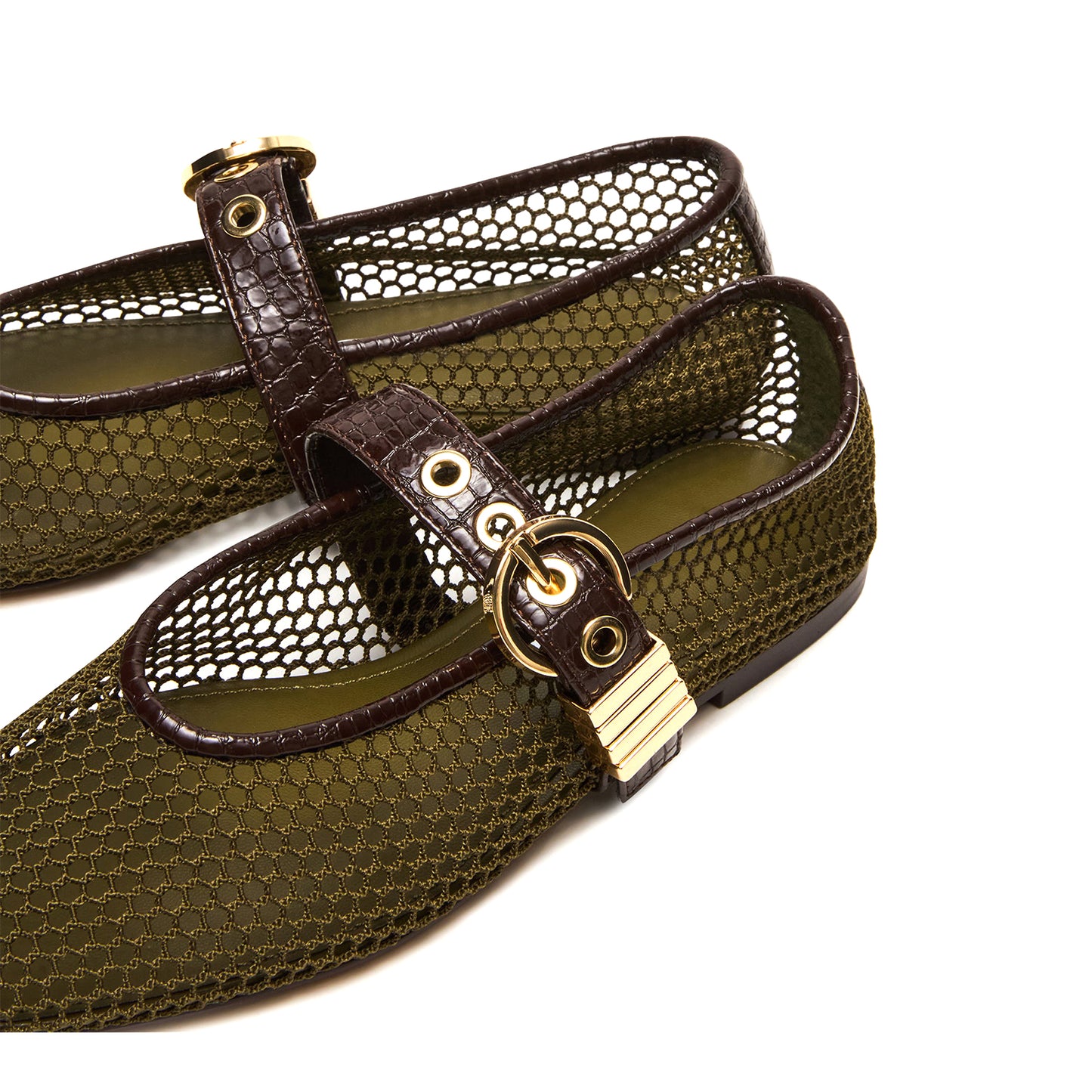 Olive Green Mesh Round-Toe Crocodile Print Bridge Strap Ballet Flats