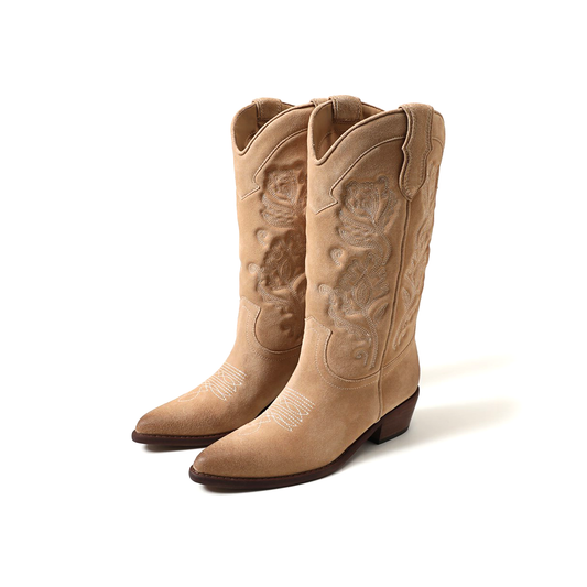 Tan Faux Suede Almond-Toe Flowers Embroidery Mid Calf Cowgirl Boots