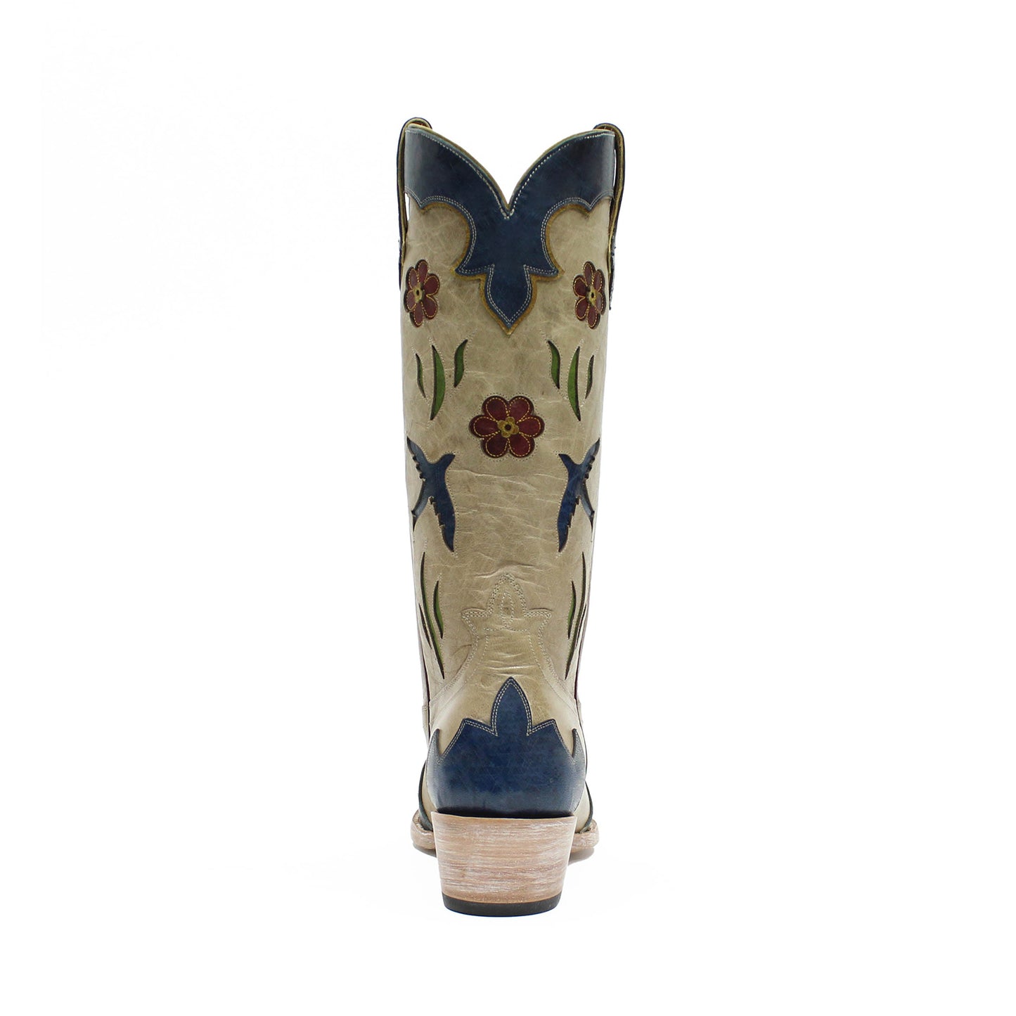Contrast Bone And Blue Snip-Toe Birds Flowers Inlays Mid Calf Cowgirl Boots