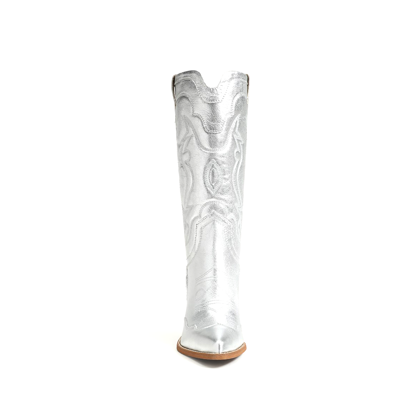 Metallic Silver Pointed-Toe Embroidery Wide Calf Knee High Cowgirl Boots