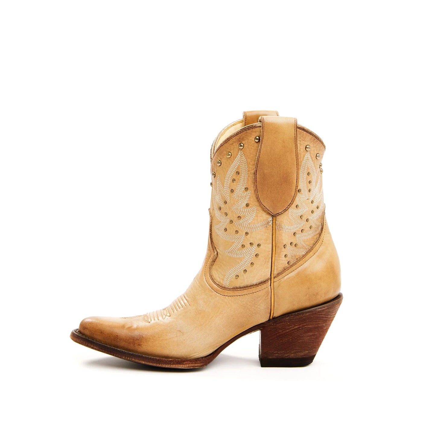 Tan Round-Toe Embroidery Studded Ankle Cowgirl Boots