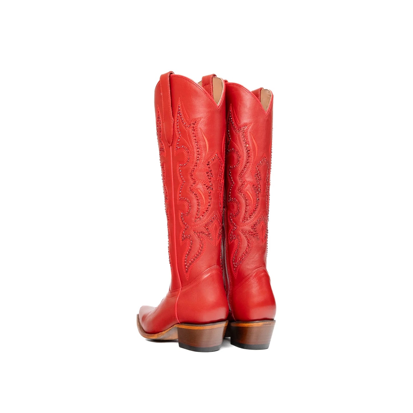 Red Snip-Toe Rhinestone And Embroidery Half-Zip Knee High Cowgirl Boots