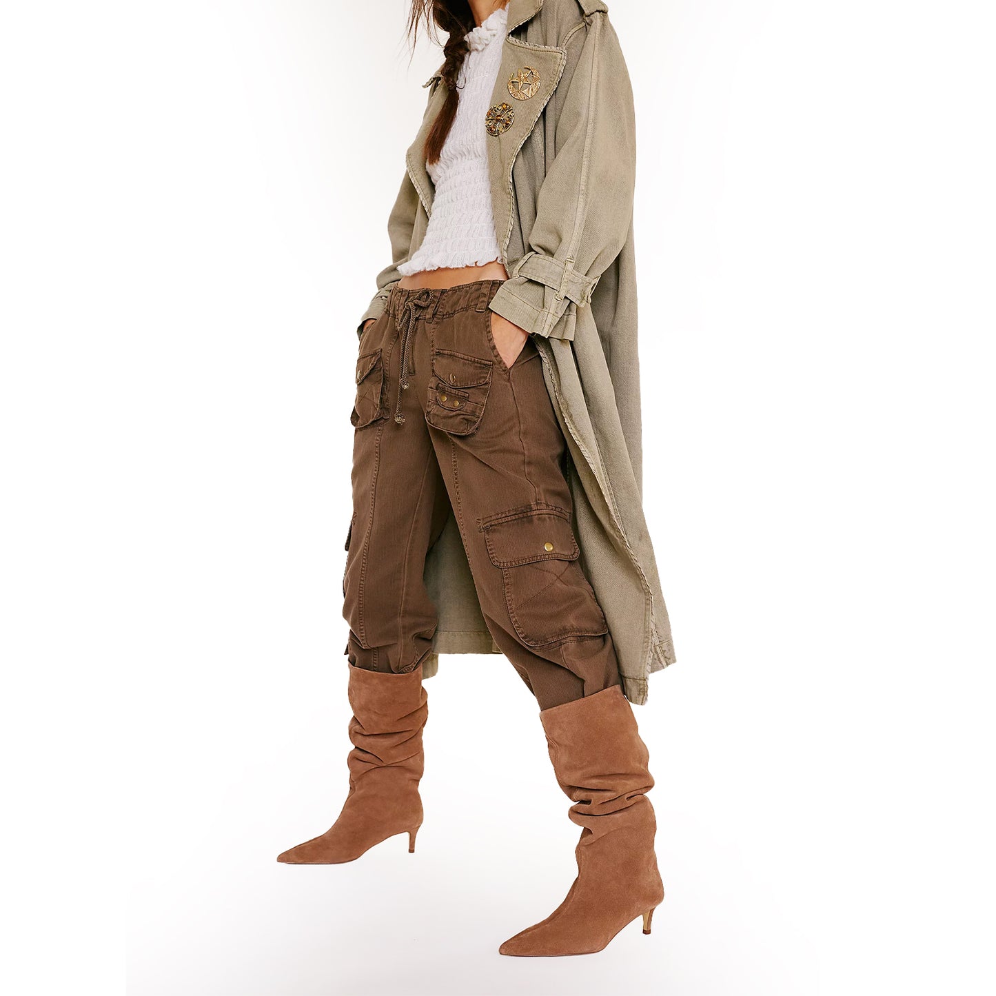 Tan Faux Suede Pointed-Toe Wide Calf Knee High Stiletto Boots