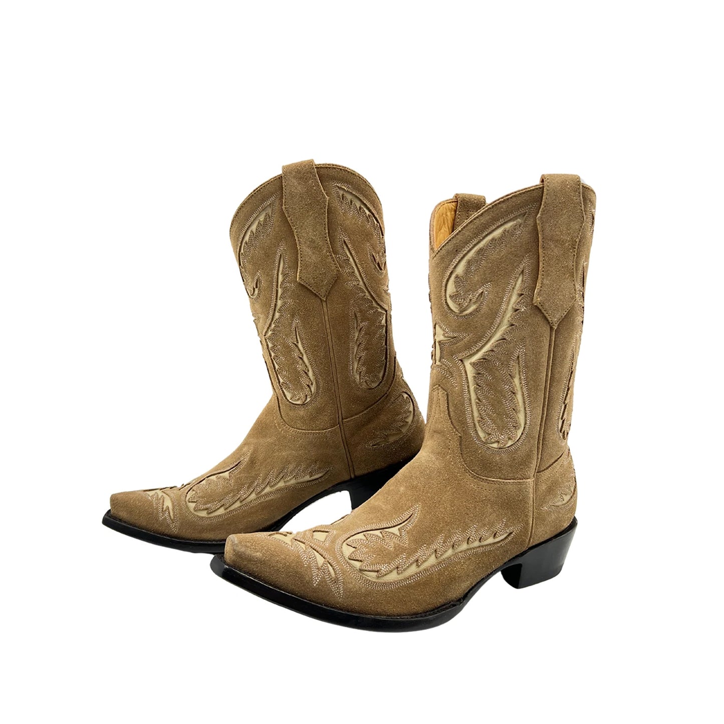 Brown Faux Suede Snip-Toe Inlays Mid Calf Cowgirl Boots