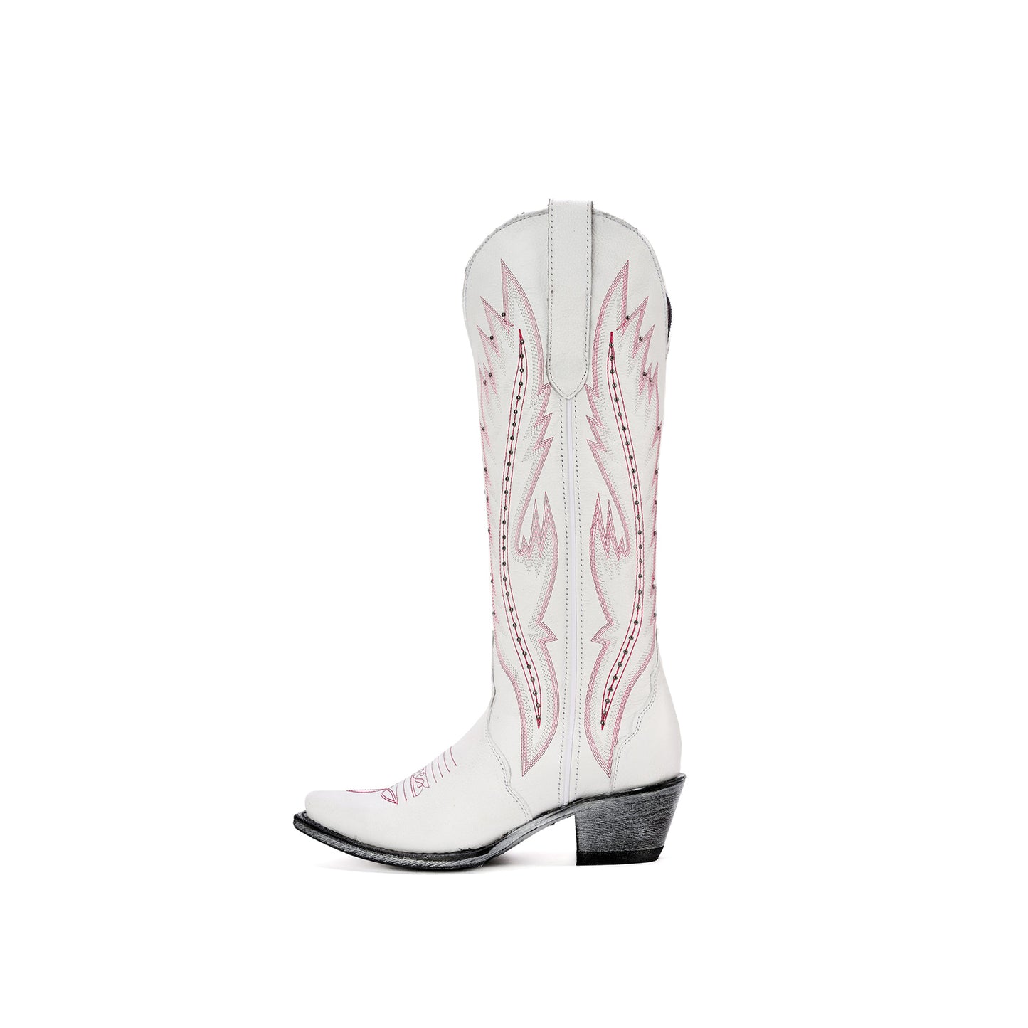 White Snip-Toe Studs And Embroidery Wide Calf Knee High Cowgirl Boots