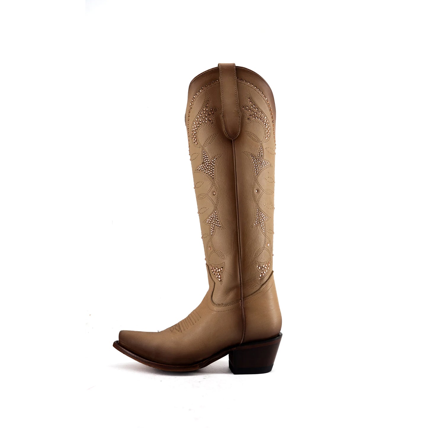 Latte Snip-Toe Rhinestone Embroidery Half-Zip Knee High Cowgirl Boots