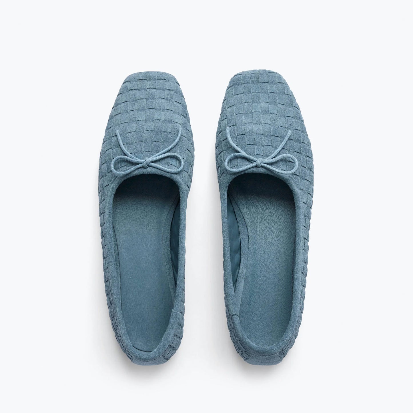 Blue Woven Faux Suede Square-Toe Front Bow Ballet Flats