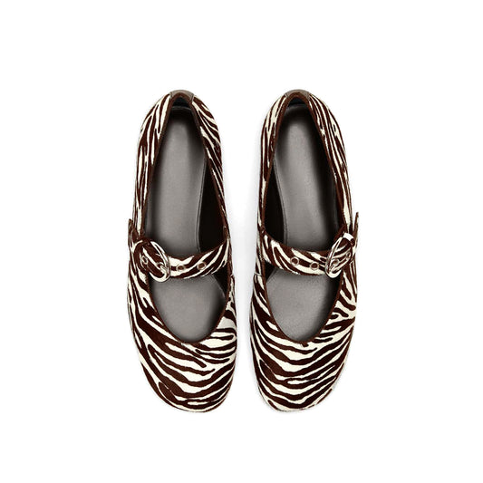 Zebra pony hair Square-Toe Classic Buckle Bridge Strap Ballet Flats