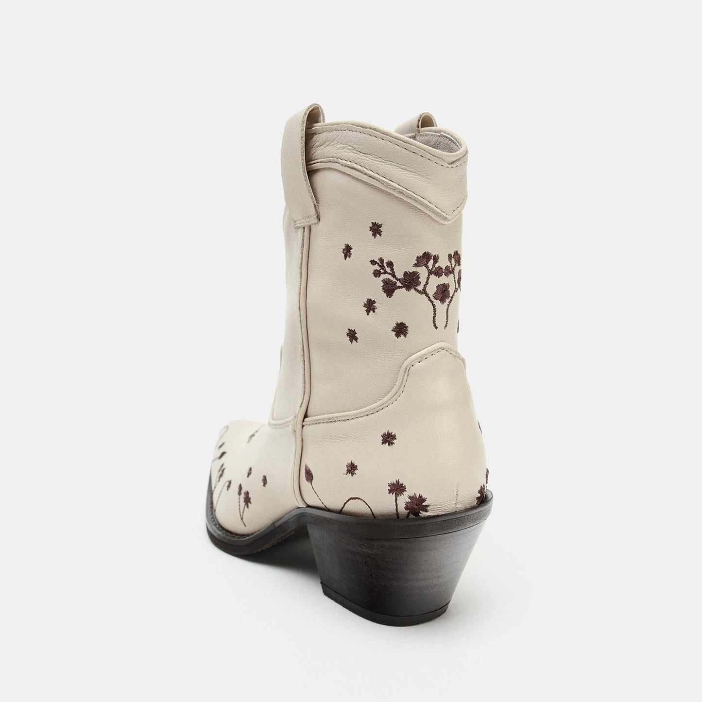 Ivory Almond-Toe Florals Embroidery Ankle Chic Cowgirl Boots
