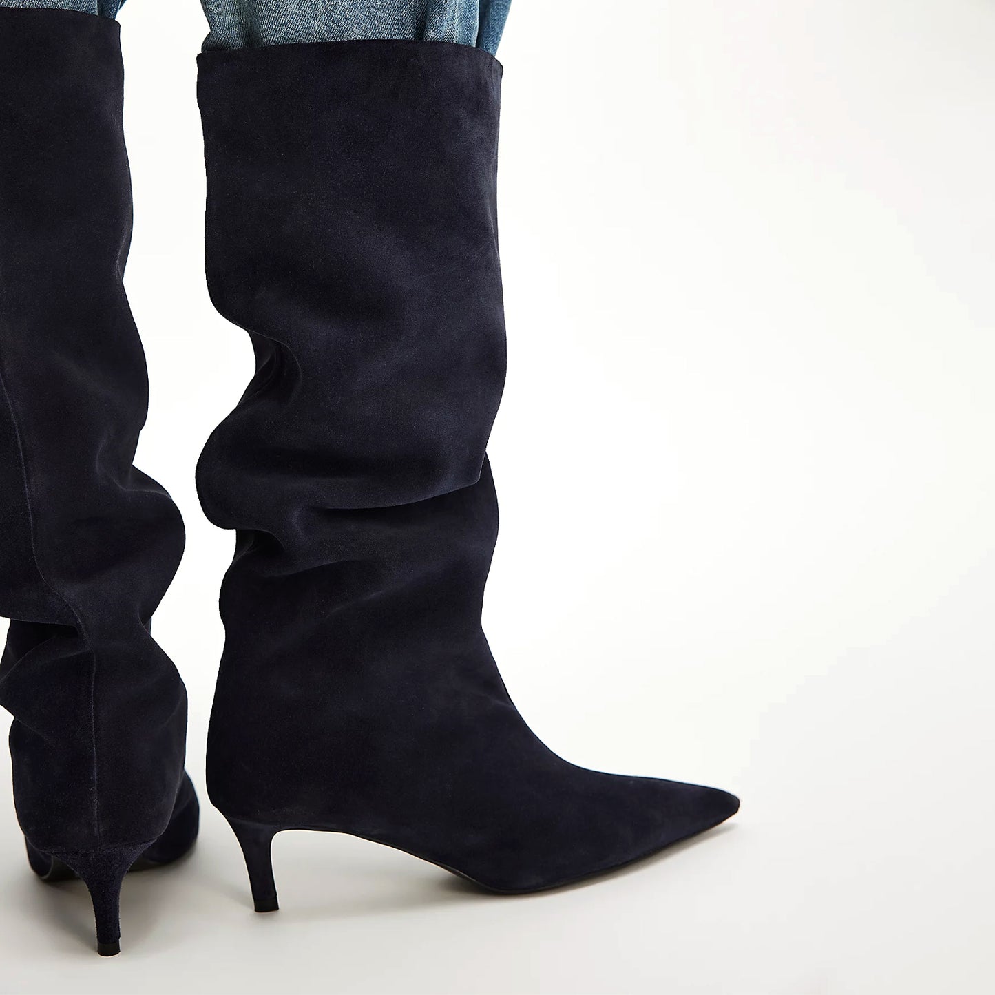 Navy Blue Faux Suede Pointed-Toe Wide Calf Knee High Stiletto Boots