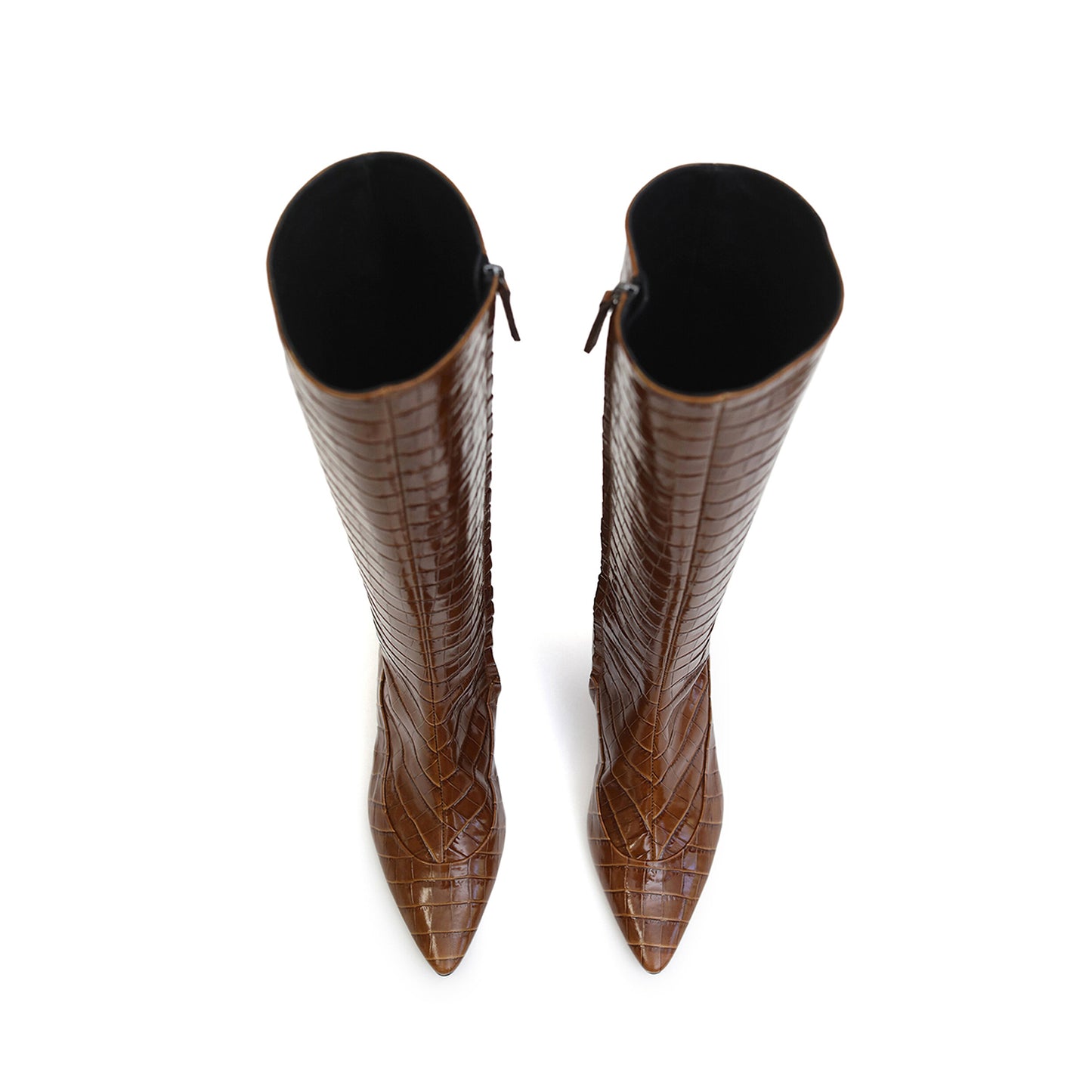 Brown Crocodile Pattern Pointed-Toe Side Full-Zip Knee High Stiletto Boots