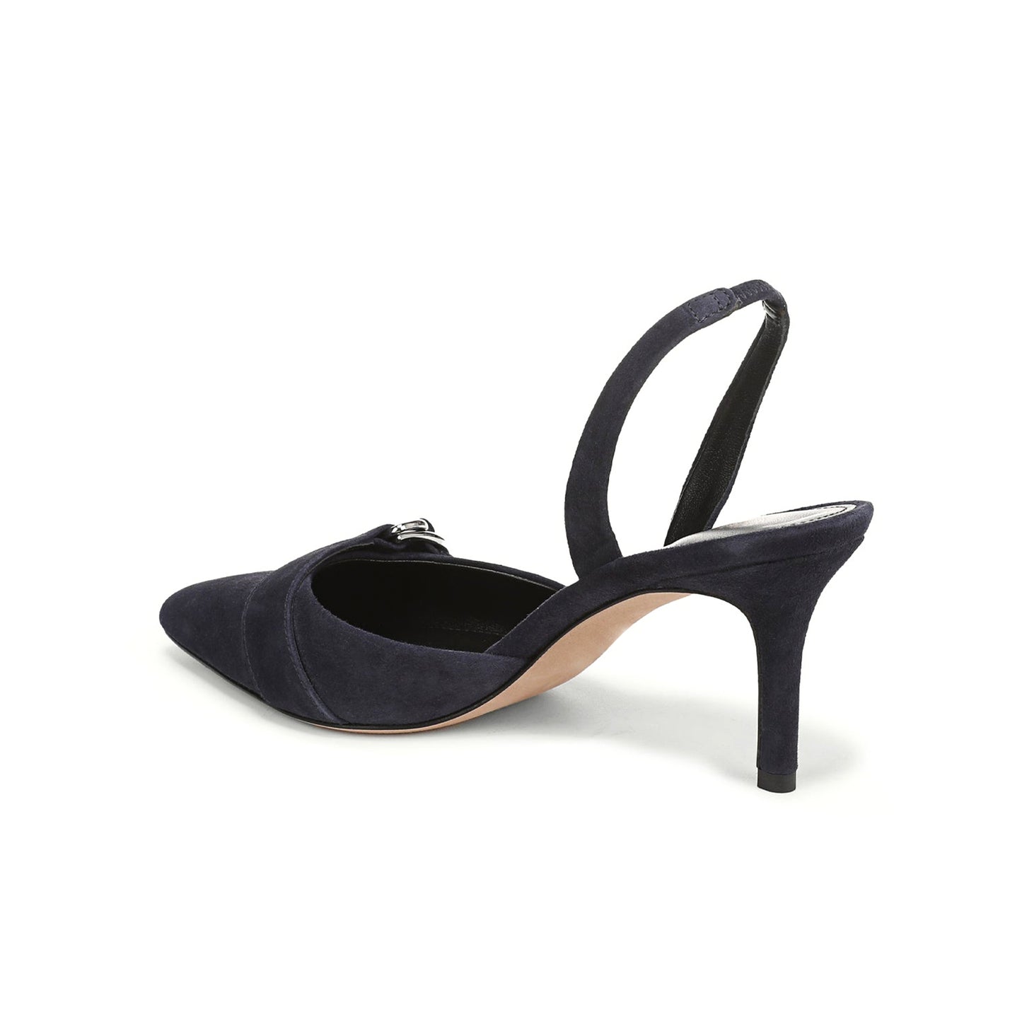 Navy Faux Suede Pointed-Toe Front Gold D-Ring Strap Slingback Kitten Heels