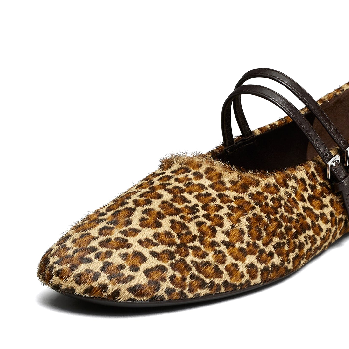 Leopard Pony Hair Square-Toe Double Bridge Straps Ballet Flats