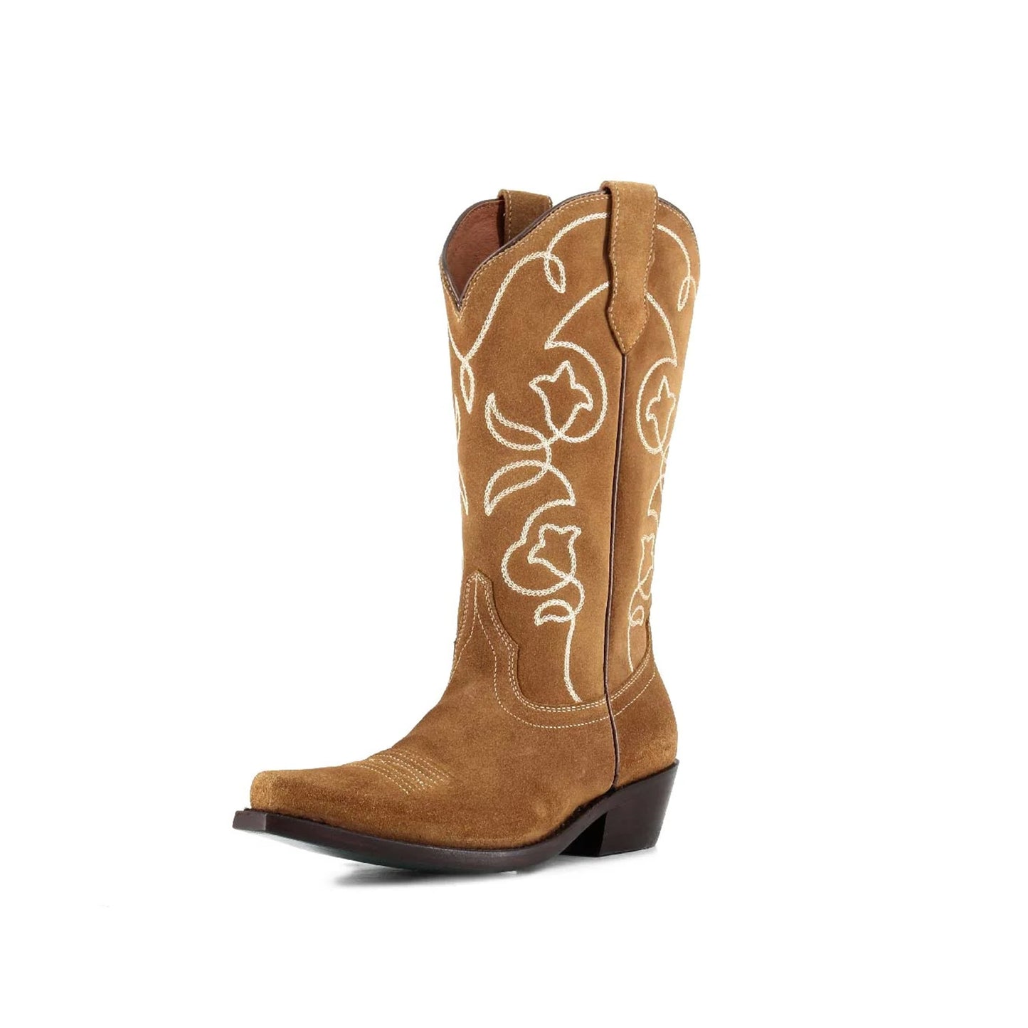 Tan Faux Suede Snip-Toe Embroidery Mid Calf Classic Cowgirl Boots