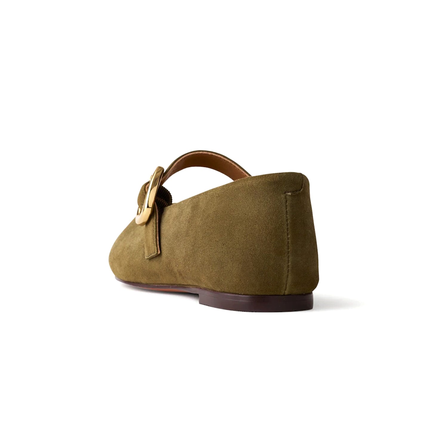 Olive Green Faux Suede Round-Toe Buckle Bridge Strap Slip-On Flats