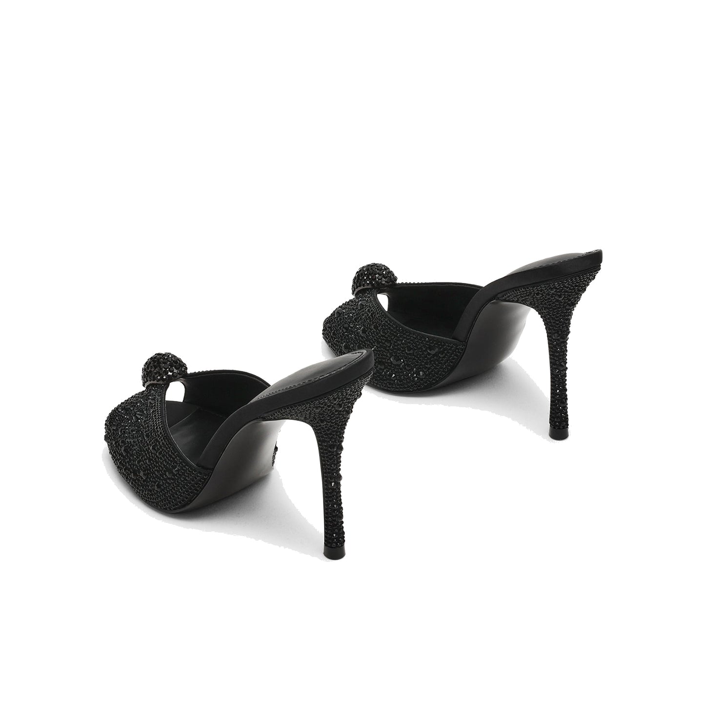 Black Satin With Rhinestones Peep Round-Toe Slip-On Backless High Heels