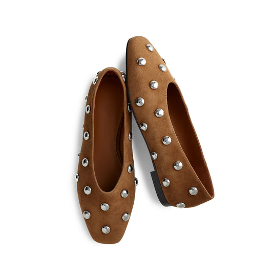 Brown Faux Suede Studded Square-Toe Ballet Flats