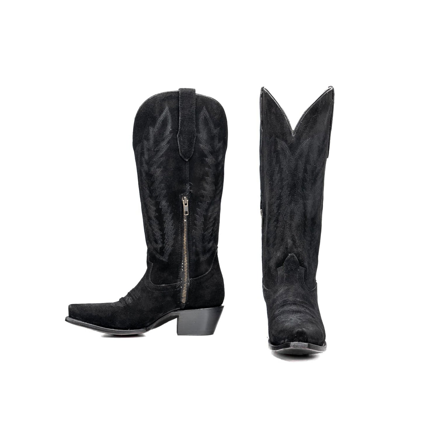 Black Faux Suede Snip-Toe Half-Zip Embroidery Mid Calf Cowgirl Boots