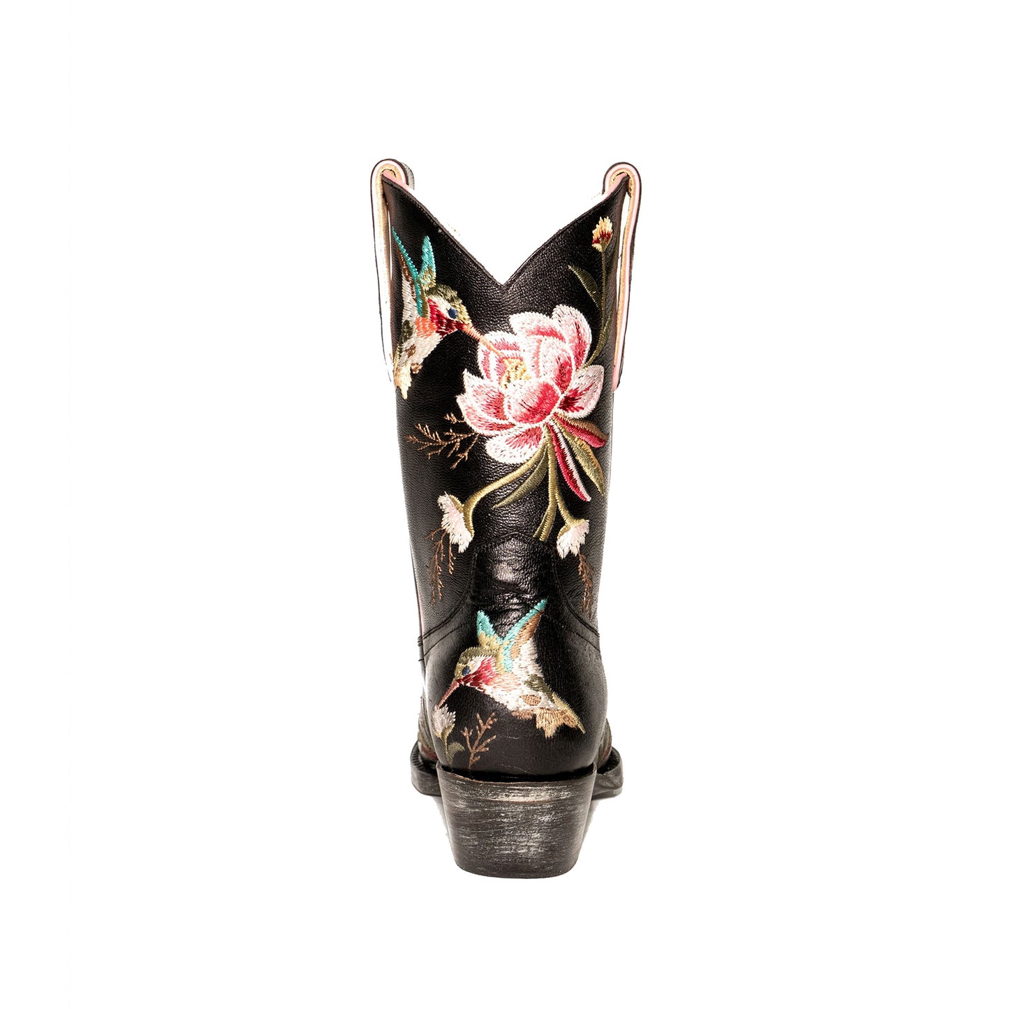 Black Snip-Toe Vivid Flowers And Bird Embroidery Ankle Cowgirl Boots