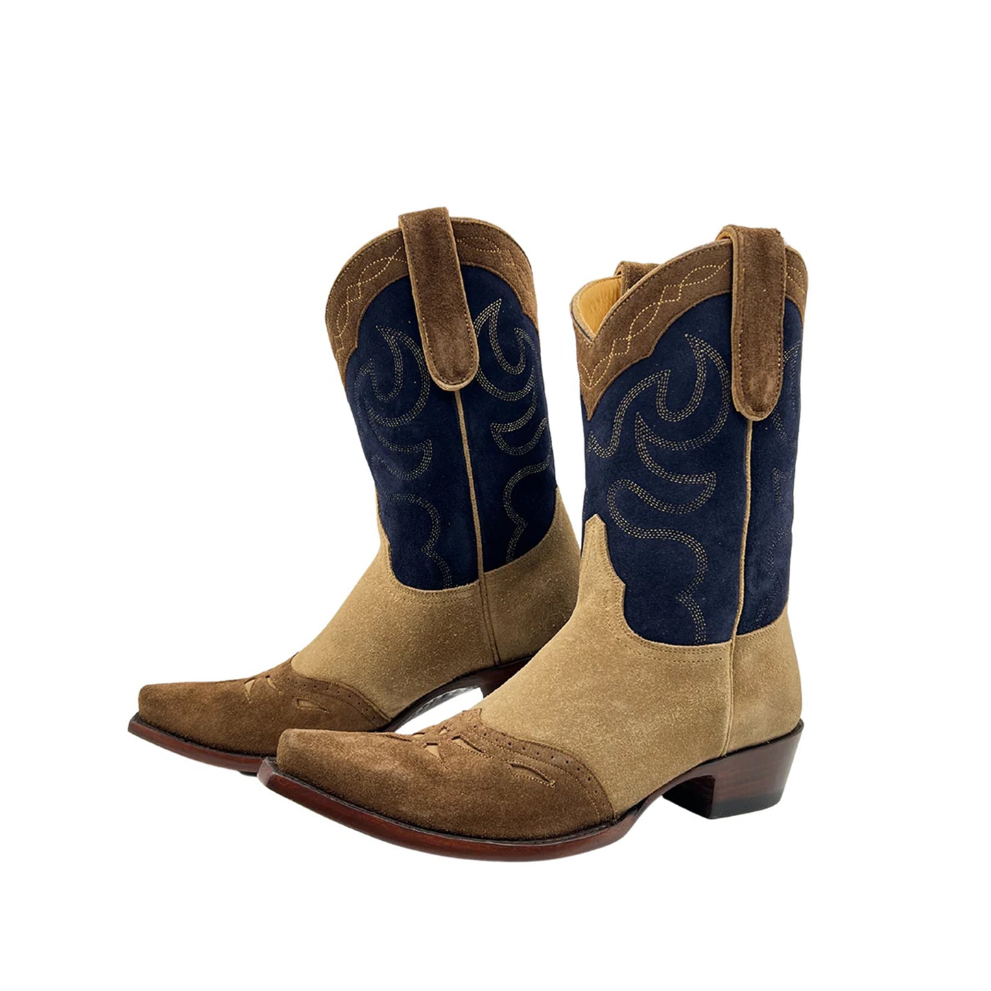 Contrast Tri-Color Faux Suede Snip-Toe Embroidery Mid Calf Cowgirl Boots